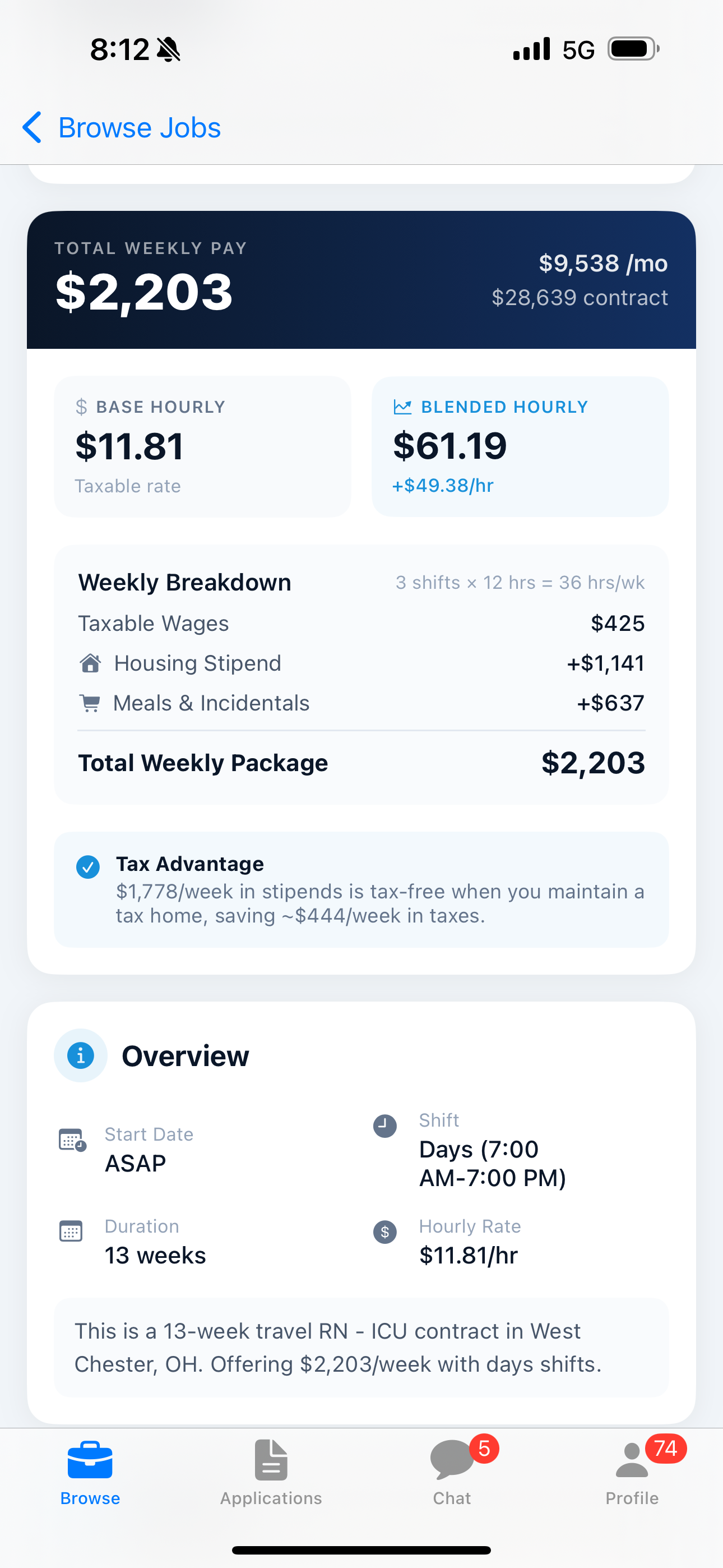 NursePal job detail and pay breakdown